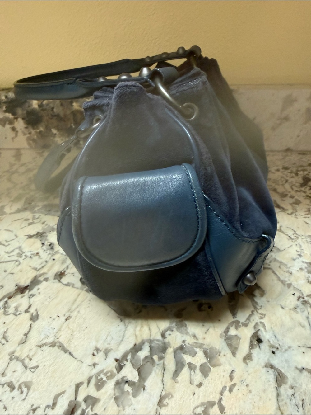 Juicy Couture Navy Velvet Crest small fluffy hand bag as is - Picture 4 of 9